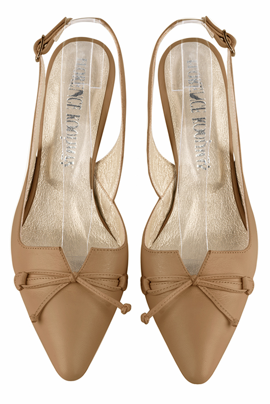 Camel beige women's open back shoes, with a knot. Tapered toe. Medium comma heels. Top view - Florence KOOIJMAN